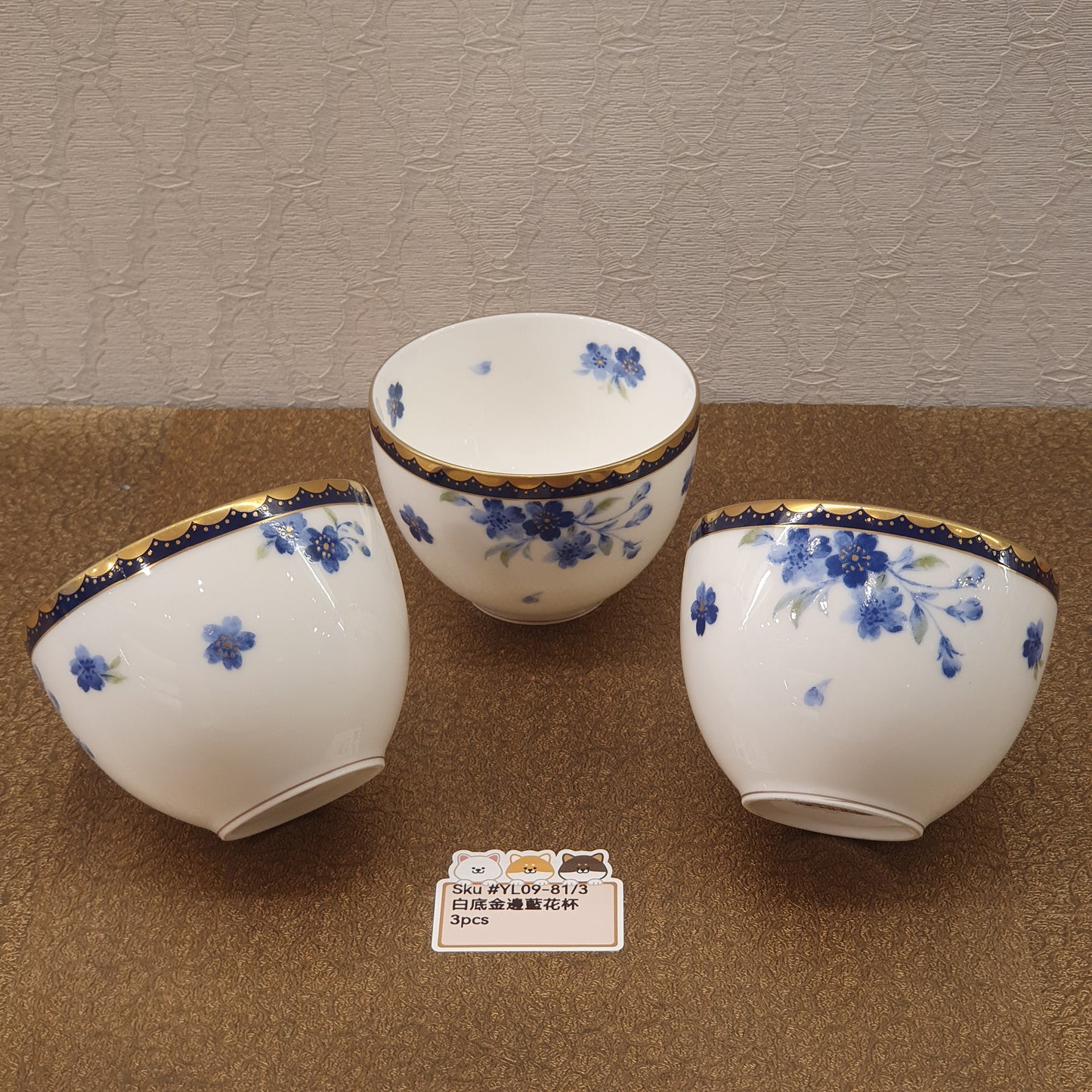 白底金邊藍花杯3PCS