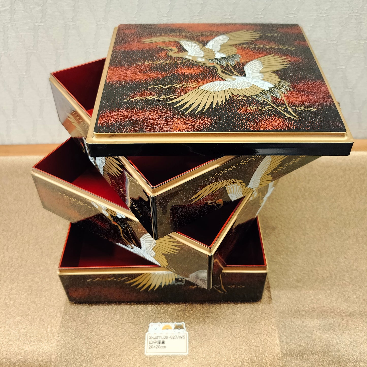 山中紅底金鳥漆存盒20x20x20cm(SOLD)